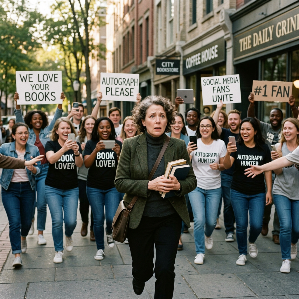 A woman carrying books looks anxious as excited fans follow her with signs saying 'We love your books', 'Autograph please', and 'Social media fans unite'.