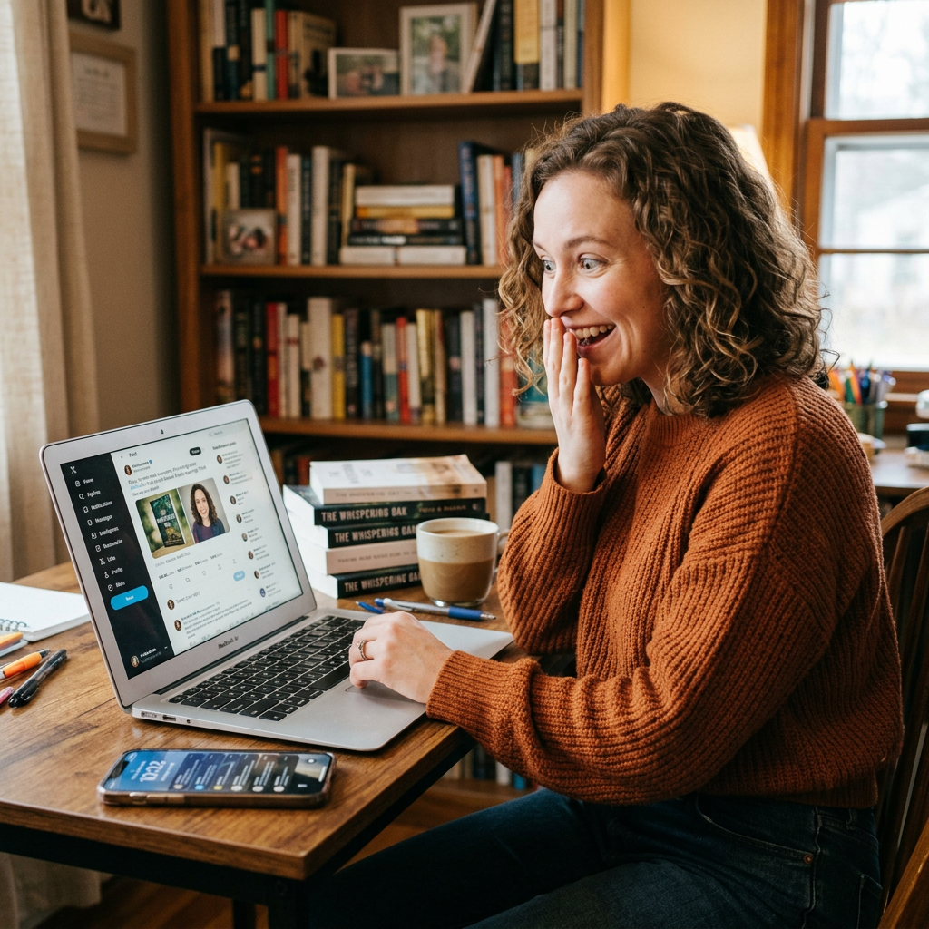 Woman in brown sweater smiling and looking at laptop screen showing social media content