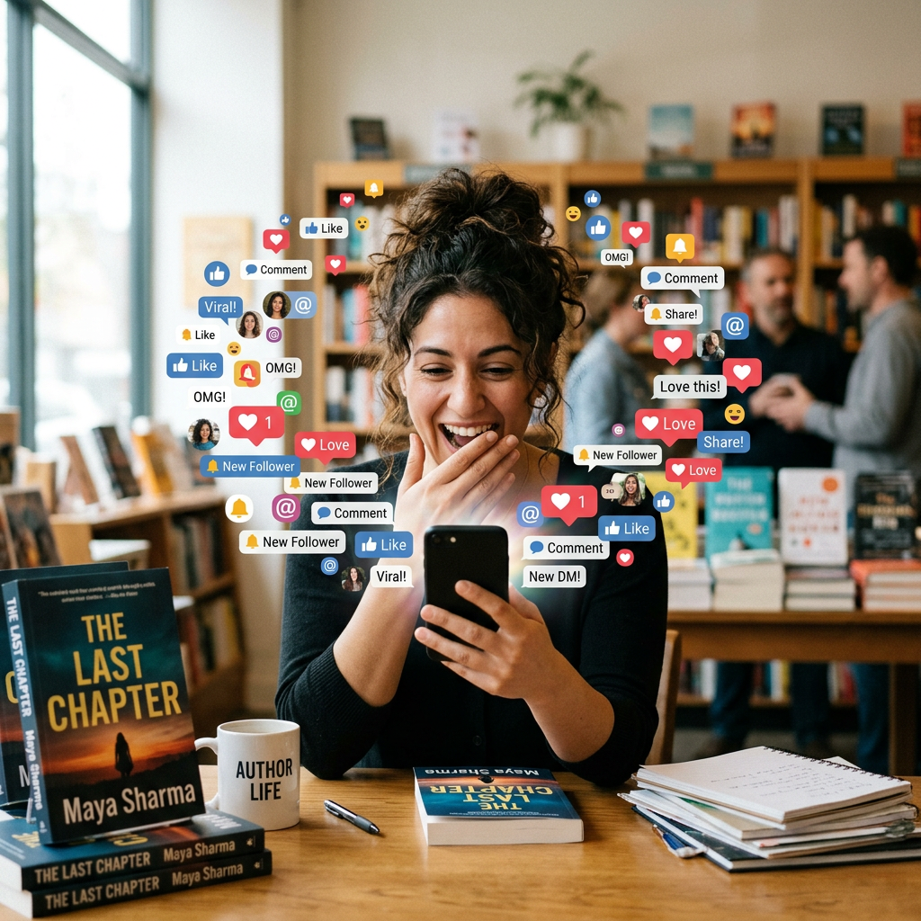 Author looking at phone with social media likes and comments floating around