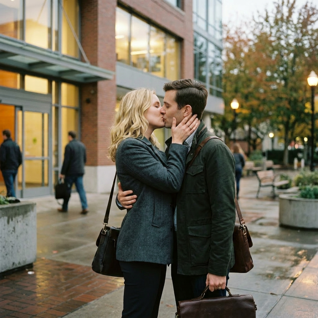 Two men about to kiss on a city street with buildings and trees in the background